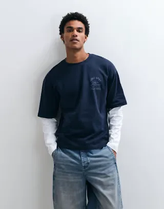 ASOS DESIGN boxy oversized double sleeve T-shirt with chest graphic in navy