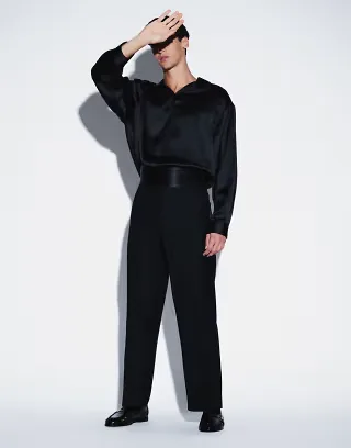 ASOS DESIGN tailored wide cummerbund pants in black jacquard texture