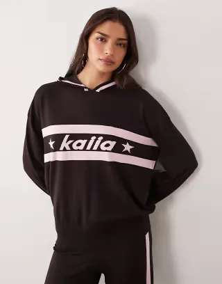 Kaiia knitted logo stripe v-neck hoodie set in chocolate and pink