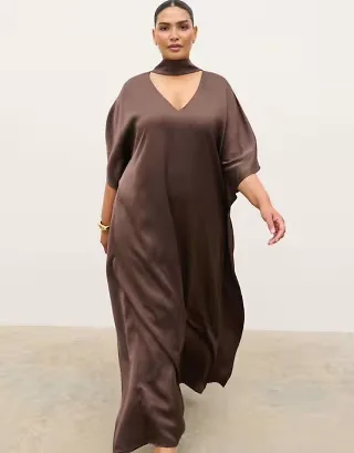 Pretty Lavish Curve choker detail full satin maxi dress in chocolate