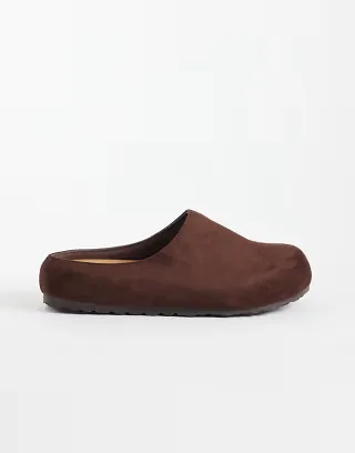 SEQWL Wide Fit Simba faux suede clogs in chocolate brown