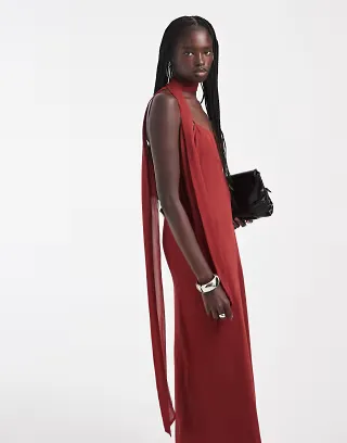 ASOS DESIGN midi slip dress with scarf in chocolate