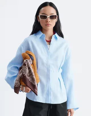 & Other Stories linen shirt with cinch waist and volume sleeves in light blue