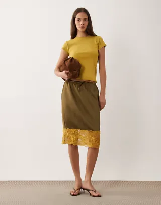 ASOS DESIGN satin 90's slip midi skirt in khaki and ochre with lace trim