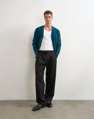 Topman wide leg belted pinstripe trouser with pleats in black