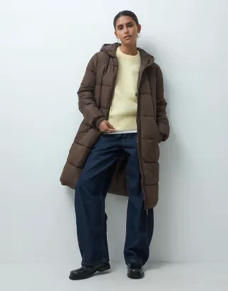 Pieces hooded longline padded coat in chocolate brown
