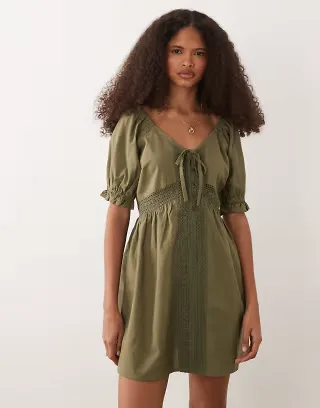 Wednesdays Girl mini lace detailed dress in khaki