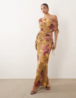 ASOS DESIGN printed mesh ruched maxi skirt in pink check print - part of a set