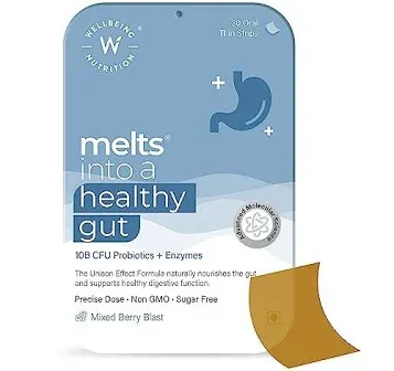 WELLBEING NUTRITION Melts Healthy Gut |Plant Based Probiotic 10B CFU, Digestive Enzyme (Protease & Papain) with Organic