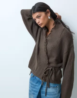 Mango Teen knitted cardigan with fringing in brown