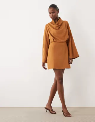 ASOS DESIGN cowl neck long sleeve mini dress in ocher