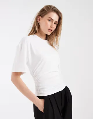 Bronze Snake ruched side fitted batwing T-shirt in white