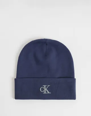 Calvin Klein rib knit beanie with fine logo in blue