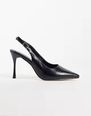 SEQWL Wide Fit slingback pointed toe stiletto heeled pumps in black faux leather