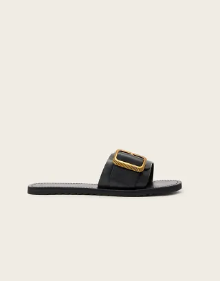 AllSaints Ella chunky buckle one strap leather slides in black