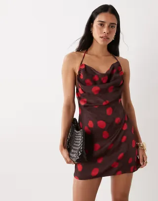 ASOS DESIGN plunge cowl halter mini dress in polka dot print