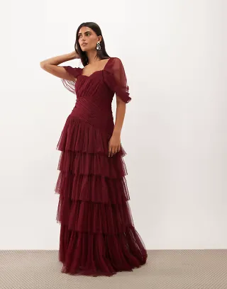 Lace & Beads tulle fallen shoulder asymmetric ruffle detail maxi dress in dark pink