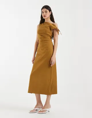 & Other Stories linen rich one-shoulder midi dress in tan