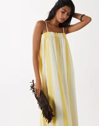 ASOS DESIGN textured shirred detailing midaxi dress in vertical yellow stripes