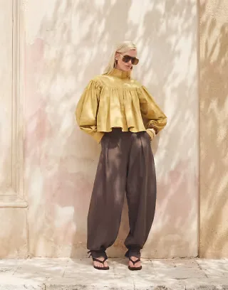 ASOS DESIGN Tailored balloon pants with frill hem in brown