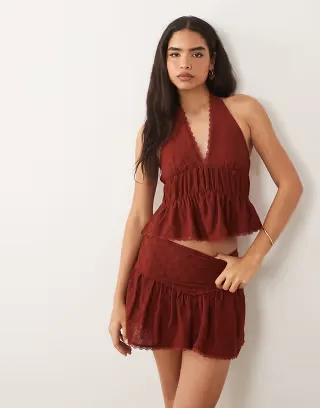 ASOS DESIGN broderie mini skirt with lace trim detail in rust