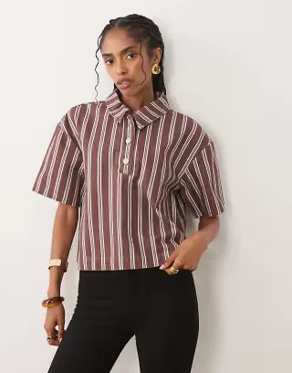 ASOS DESIGN boxy denim polo shirt in brown stripes