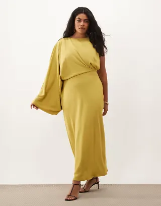 ASOS DESIGN Curve one shoulder draped back column midaxi dress in golden