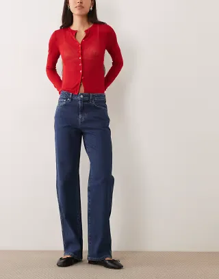 ASOS DESIGN comfort stretch straight leg jeans in mid blue