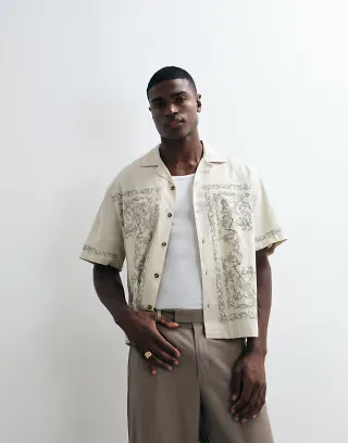 ASOS DESIGN oversized boxy printed shirt in beige