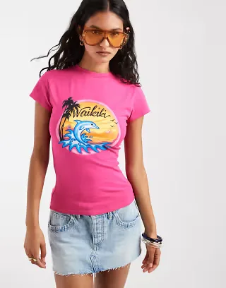 ASOS DESIGN Baby tee with airbrush vacation graphic in pink