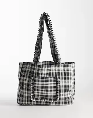My Accessories tote bag with ruffles in gray plaid