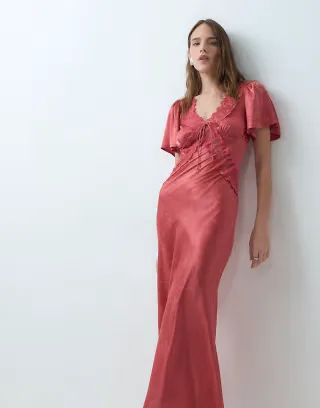 Reclaimed Vintage satin jacquard maxi tea dress in red
