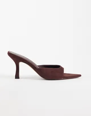 ASOS DESIGN Hotline pointed toe heeled mules in chocolate suedette