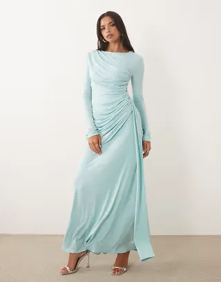 TFNC slinky draped ruched full skirt maxi dress in baby blue