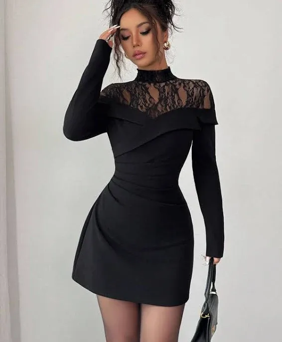 Siren Gaze Black Lace Patchwork Bodycon Dress Women's Cocktail Short Ruched Waist Long Sleeve Stand Collar Slim Fit Eleg