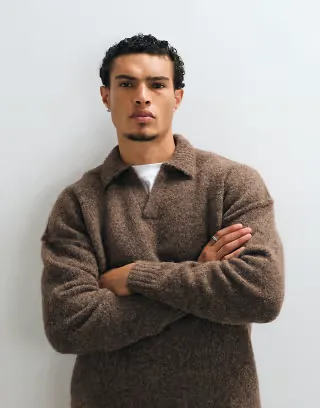 ASOS DESIGN relaxed knit exposed seam notch neck sweater in brown