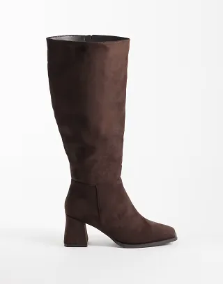 SEQWL Wide Fit Fisher faux suede block heel knee boots in chocolate brown