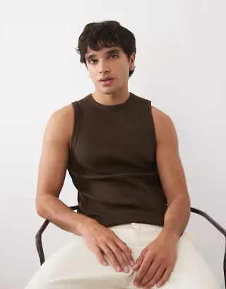 ASOS DESIGN super heavyweight muscle fit tank top in dark brown rib