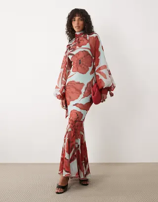 ASOS DESIGN high neck maxi dress with godet hem in red floral