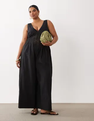 ASOS DESIGN Curve jumpsuit with crochet waist panel in black