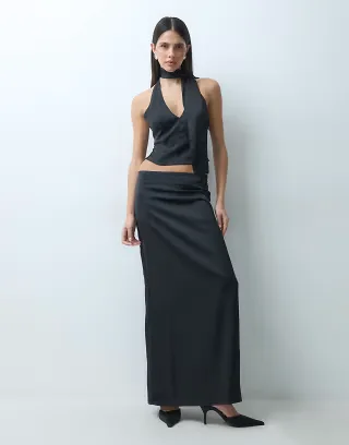 Lioness Front Row satin scarf detail halter neck top and column maxi skirt set in black