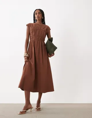 VILA ruched piping details woven midaxi dress in chocolate brown