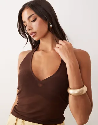 ASOS DESIGN sheer mesh halterneck top in black chocolate