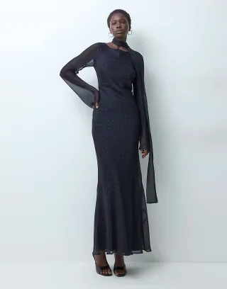 ASOS DESIGN Tall chiffon bias cut maxi dress with matching scarf in navy and red spot print