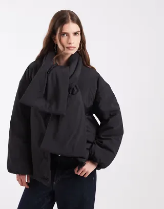 Object button front quilted jacket with scarf detail in black