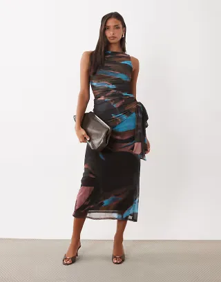 ASOS DESIGN high neck printed mesh maxi dress