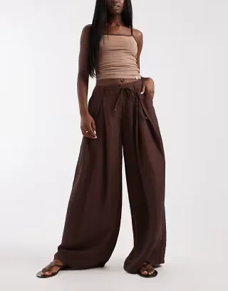 ASOS DESIGN textured wide leg pants with tie waist in chocolate