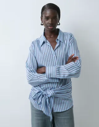 ASOS DESIGN tie waist shirt in blue and brown stripe