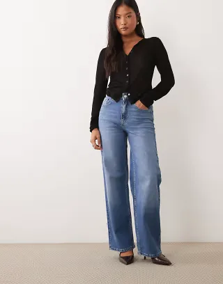 ONLY Petite Juicy high waist wide leg jeans in mid blue