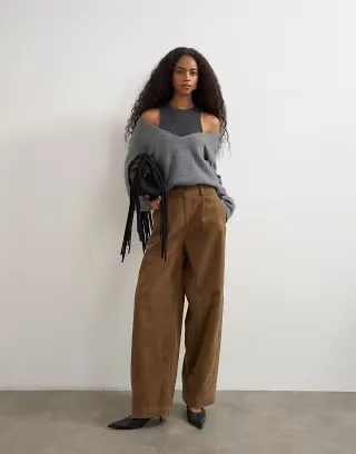 Topshop faux suede barrel leg trouser in choc